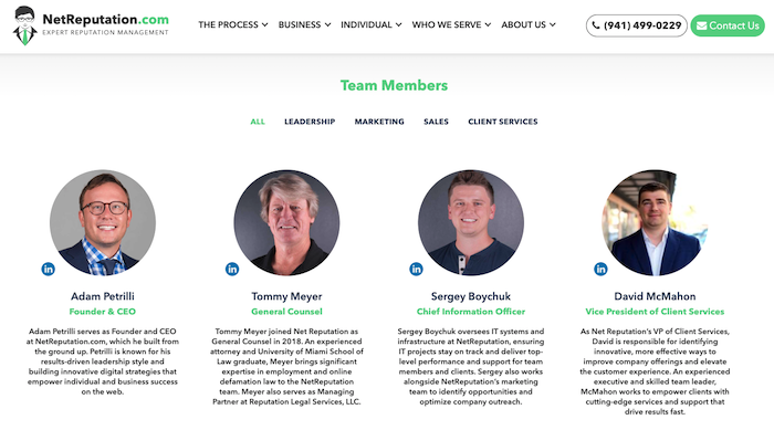 A website page showcasing a team of reputation management consultants.